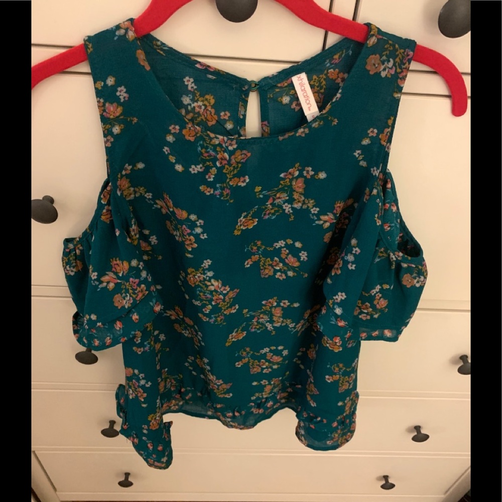 Xhiliration Target Cold Shoulder Top Teal Floral S